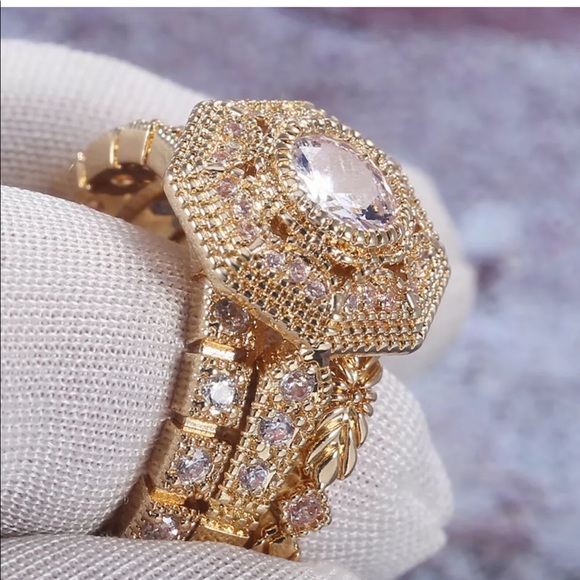 New Yellow Gold Plated Diamond Engagement Set Ring - Picture 4 of 6